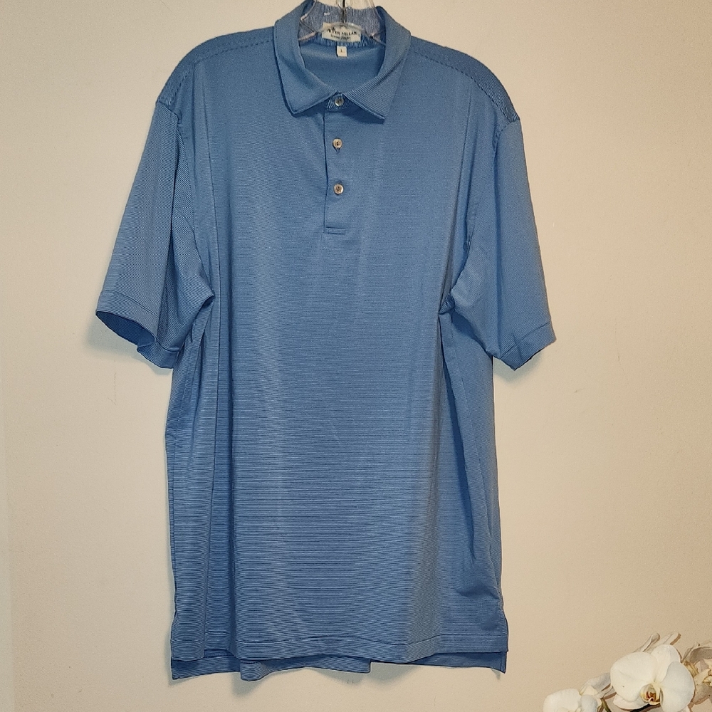 Peter Millar Summer Comfort Blue Striped Sport Golf Polo Shirt Size L